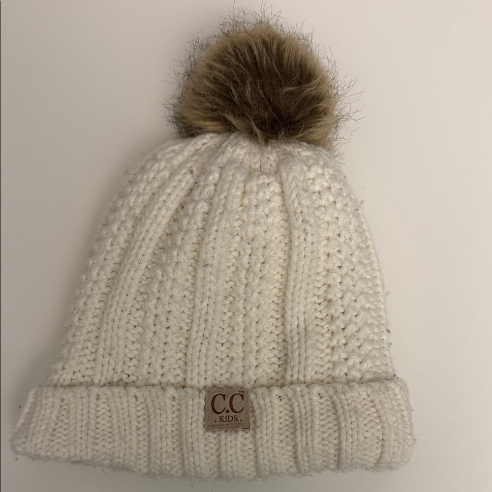 C.C KIDS White Knit Pom-Pom Beanie